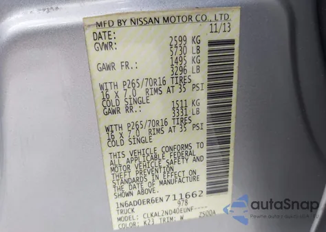 2014 Nissan Frontier Sv z USA, uszkodzony, nr VIN 1N6AD0ER6EN711662